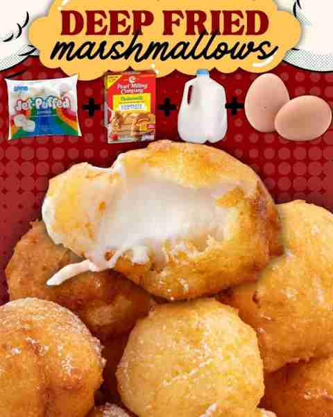 DEEP FRIED MARSHMALLOWS! 20 large marshmallows 1 ⅓ cups buttermilk pancake mix ⅔ cup whole milk 1 la...