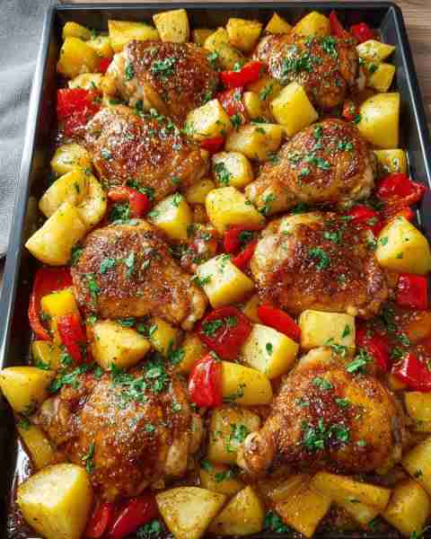 🍗 Ultimate One-Pan Baked Chicken Thighs with Potatoes & Peppers 🌶️🥔 Prep Time: 15 minutes Cook Tim...