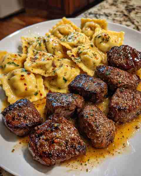 Garlic Butter Steak Tips with Cheesy Ravioli in Cheddar Sauce Ingredients: 1 ½ lbs sirloin or ribeye...
