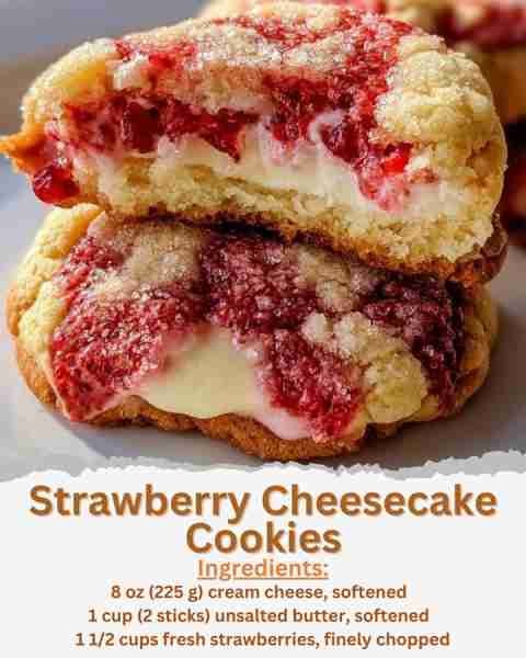 Strawberry Cheesecake Cookies Ingredients: For the Cheesecake Filling - 8 oz (225 g) cream cheese, s...