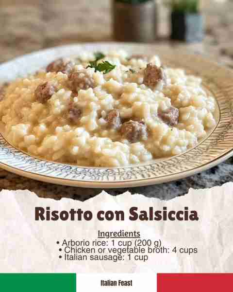 🥩 Risotto con Salsiccia A rich risotto flavored with Italian sausage. Ingredients • Arborio rice: 1...