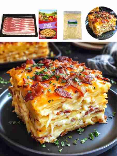 Cheesy Bacon Hashbrown Breakfast Bake Ingredients: - 1 package frozen hashbrown potatoes - 1 cup shr...