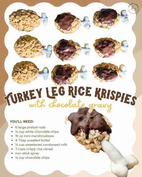 🦃🦴 Rice Krispie Treat "Turkey Legs" with chocolate "gravy" on a pretzel "bone"