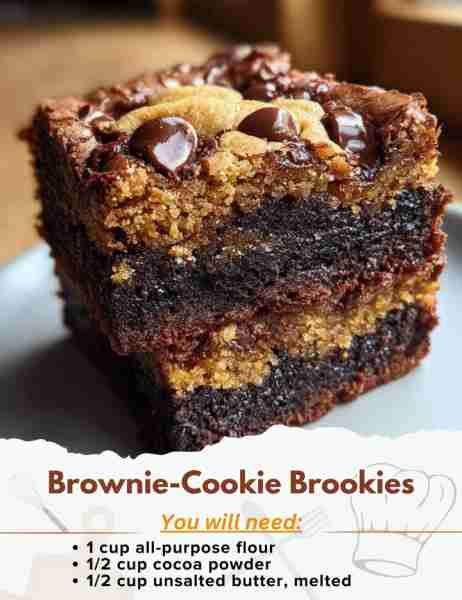 Brownie-Cookie Brookies Ingredients: - 1 cup all-purpose flour - 1/2 cup cocoa powder - 1/2 teaspoon...