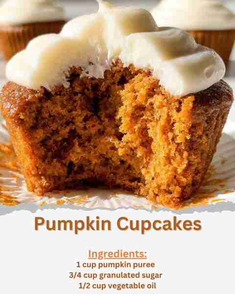 Pumpkin Cupcakes Ingredients: - 1 1/2 cups all-purpose flour - 1 teaspoon baking powder - 1/2 teas...