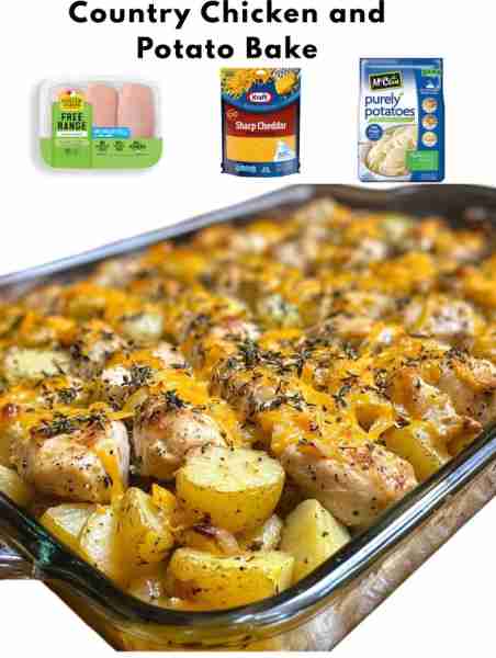 Country Chicken and Potato Bake Ingredients: - 4 boneless, skinless chicken breasts - 4 large potato...