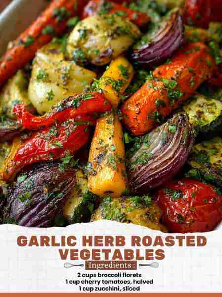 Garlic Herb Roasted Vegetables Ingredients: 2 cups broccoli florets 1 cup cherry tomatoes, halved 1...