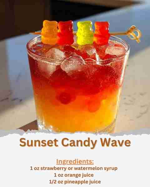 Sunset Candy Wave Ingredients: - 1 oz strawberry or watermelon syrup - 1 oz orange juice - 1/2 oz pi...