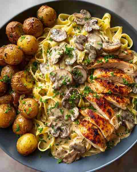 🍄 Creamy Mushroom Tagliatelle with Grilled Chicken & Crispy Baby Potatoes 🍗🥔 Prep Time: 15 minute...