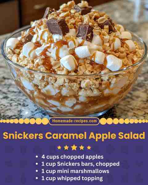 Snickers Caramel Apple Salad 📋 Ingredients: • 4 cups chopped apples • 1 cup Snickers bars, chopped...