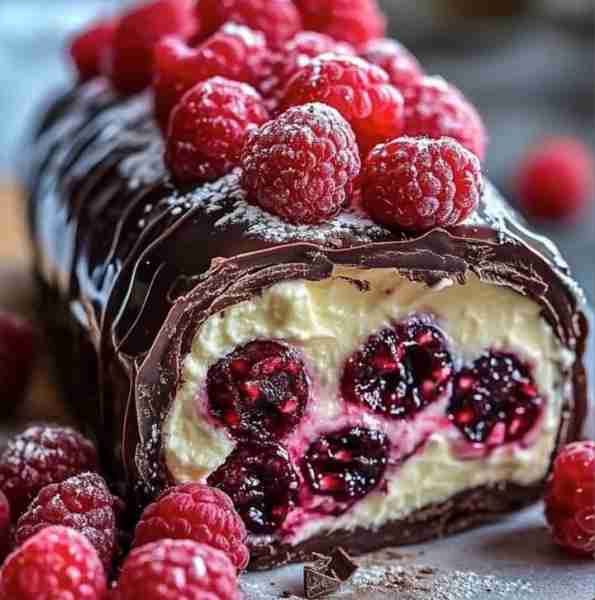 🍫🍓 Chocolate Raspberry Roll Cake Light, fluffy chocolate sponge filled with tangy raspberry cream...