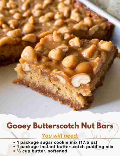 Gooey Butterscotch Nut Bars Ingredients: - 1 package sugar cookie mix (17.5 oz) - 1 package instant...