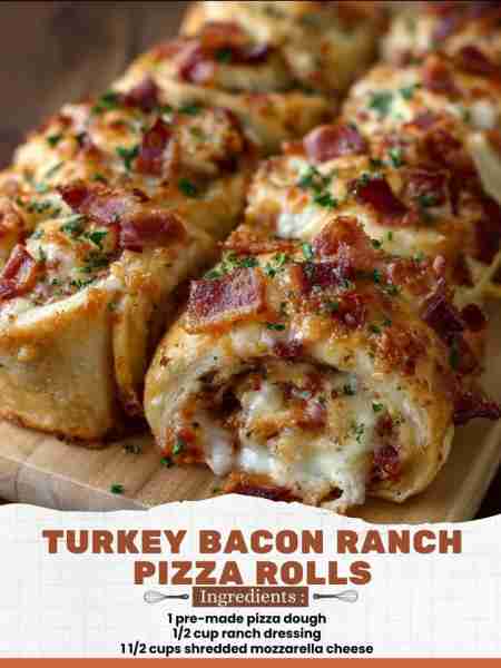 Turkey Bacon Ranch Pizza Rolls Ingredients: 1 pre-made pizza dough ½ cup ranch dressing 1 ½ cups shr...