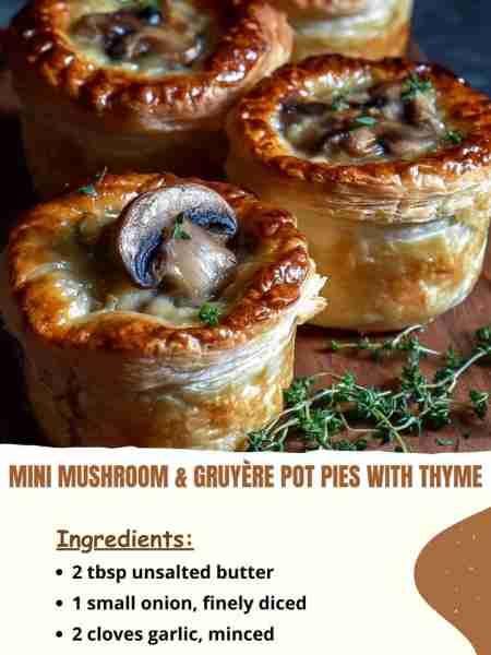 Mini Mushroom & Gruyère Pot Pies with Thyme Ingredients 2 tbsp unsalted butter 1 small onion, finely...