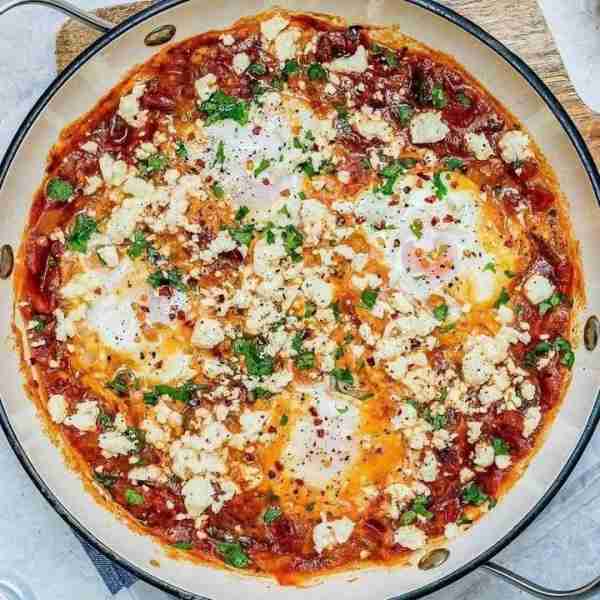 Spicy Fire Roasted Poached Eggs + Feta 🔥 "Delicious and easy to make!" -Ann Sabatine