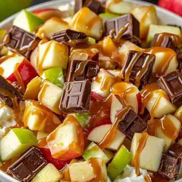 Caramel Apple Snickers Salad 🍏🍫 Ingredients: 1/2 cup milk 1/2 cup caramel sauce 1 box instant vani...