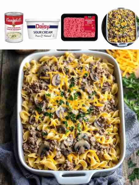 Creamy Mushroom and Beef Noodle Bake Ingredients: - 1 lb ground beef - 1 can condensed cream of mush...