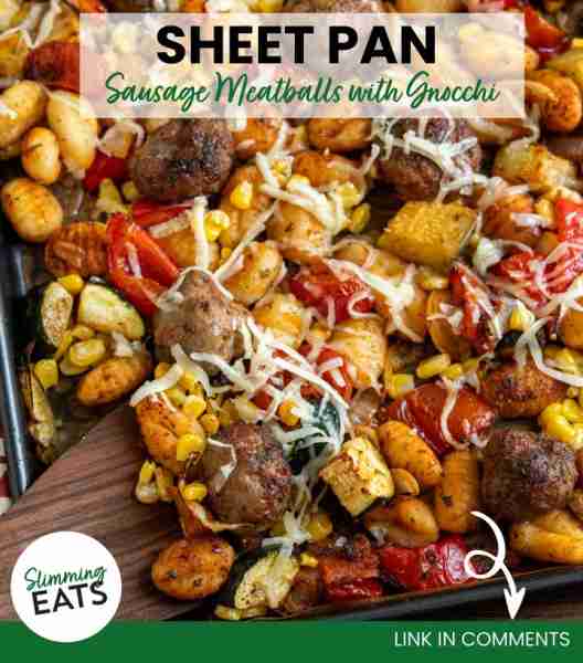 NEW! A quick, all-in-one sheet pan dinner featuring golden gnocchi, homemade sausage meatballs, colo...
