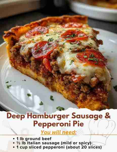 Deep Hamburger Sausage & Pepperoni Pie Ingredients: - 1 lb ground beef - ½ lb Italian sausage (mild...
