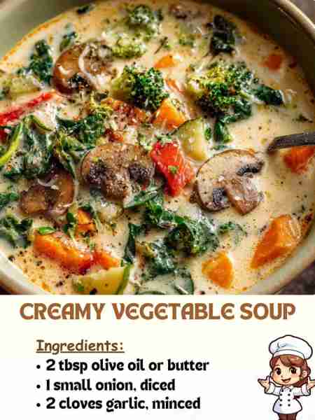 Creamy Vegetable Soup Ingredients 2 tbsp olive oil or butter 1 small onion, diced 2 cloves garlic, m...