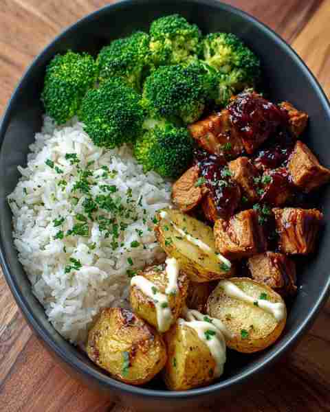 Comfort food done right — Teriyaki Chicken Bowl with Rice, Broccoli & Creamy Roast Potatoes