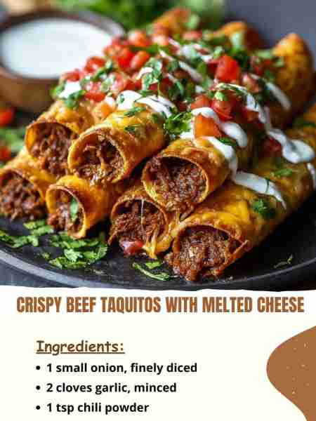 Crispy Beef Taquitos with Melted Cheese Ingredients 1 small onion, finely diced 2 cloves garlic, min...