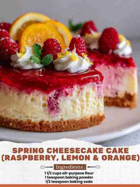 Spring Cheesecake Cake (Raspberry, Lemon & Orange) Ingredients: 1 ½ cups all-purpose flour 1 teaspoo...