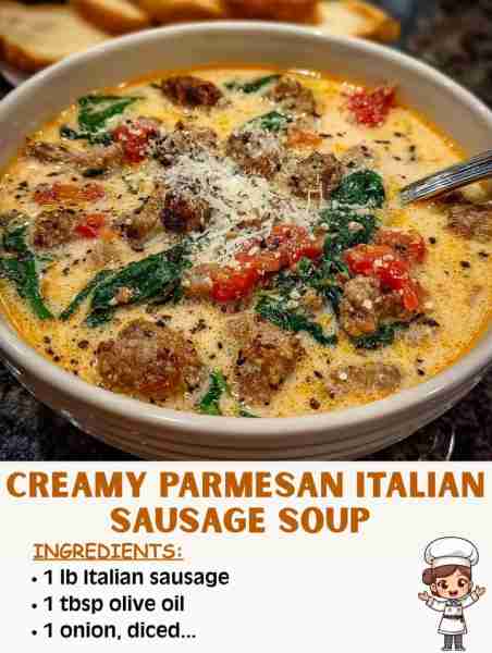 🥣 Creamy Parmesan Italian Sausage Soup 🛒 Ingredients 1 lb Italian sausage (mild or spicy) 1 tbsp o...