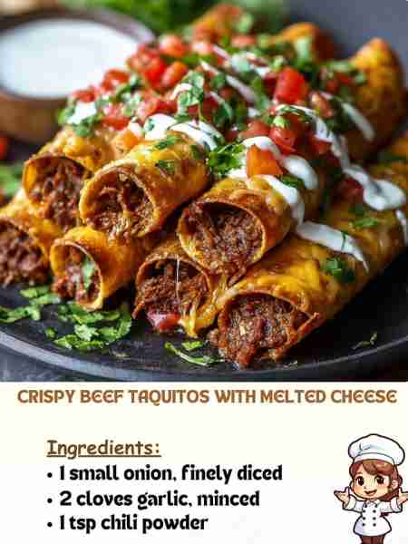 Crispy Beef Taquitos with Melted Cheese Ingredients 1 small onion, finely diced 2 cloves garlic, min...