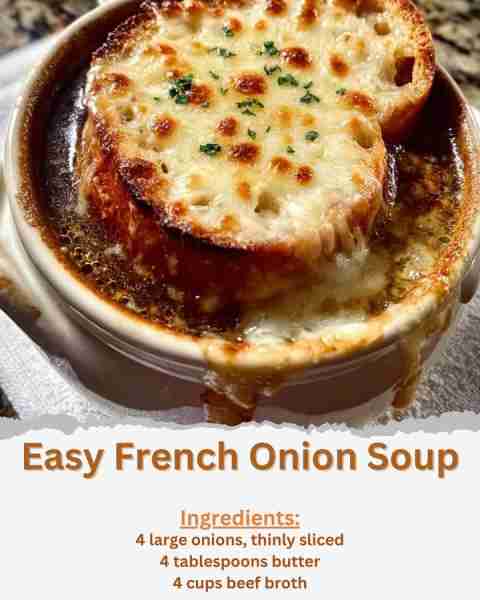Easy French Onion Soup Ingredients: - 4 large onions, thinly sliced - 4 tablespoons butter - 2 table...