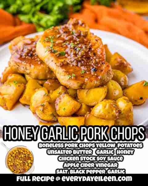 Honey Garlic Pork Chops with Potatoes, a delicious dinner with an aromatic sauce. Recipe link in the...