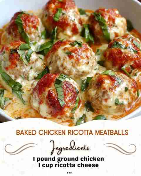 Baked Chicken Ricotta Meatballs Ingredients: 1 pound ground chicken 1 cup ricotta cheese 1/2 cup g...