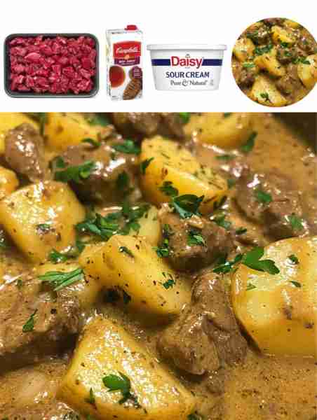 Slow Cooker Beef Stroganoff Potato Casserole Ingredients: - 1 lb beef stew meat - 1 onion, diced FUL...