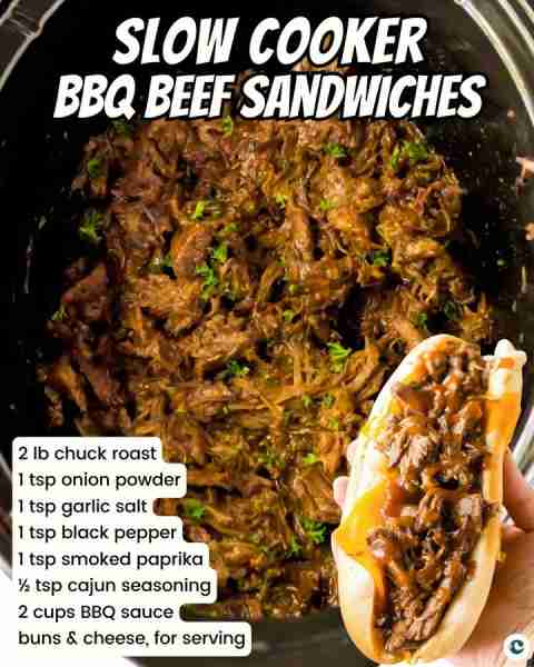 SLOW COOKER BBQ BEEF SANDWICHES 🥪🔥 2 lb chuck roast 1 tsp onion powder 1 tsp garlic salt 1 tsp bla...