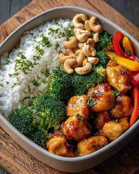 🥡 Sticky Cashew Chicken Bowl with Rice & Veggies 🥦🍗🌶️ Prep Time: 15 minutes Cook Time: 25 minutes...