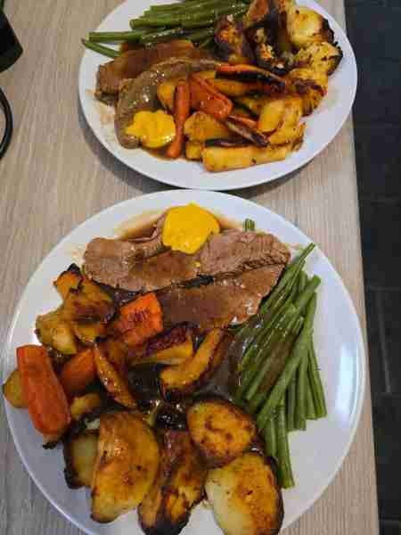Slow Cooked Beef Brisket with Mustard, Roast Potatoes, Roasted Swede, Carrot & Parsnip, Green Beans...