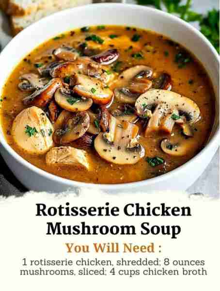 Rotisserie Chicken Mushroom Soup Ingredients: 1 rotisserie chicken, shredded 8 ounces mushrooms, sli...
