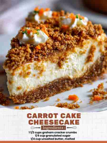 Carrot Cake Cheesecake Ingredients: 1 1/2 cups graham cracker crumbs 1/4 cup granulated sugar 1/4 cu...