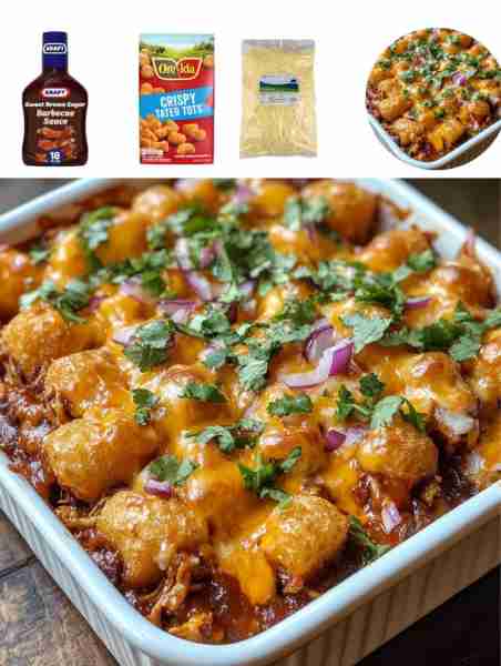 Cheesy BBQ Pulled Pork Tater Tot Bake Ingredients: - 2 cups pulled pork - 1 cup BBQ sauce - 1 cup sh...