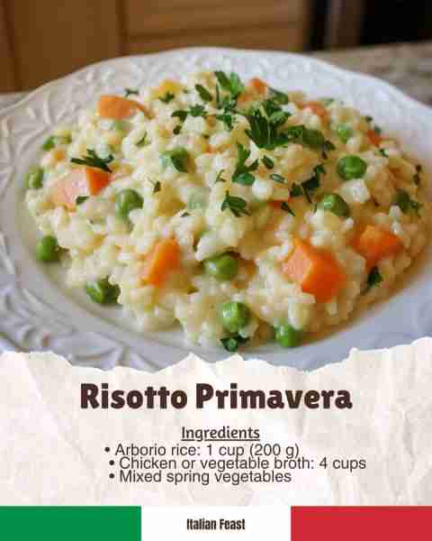 🟠 Risotto Primavera A light and colorful risotto featuring fresh seasonal vegetables, ideal for spr...