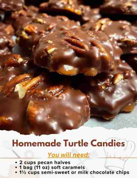 Homemade Turtle Candies Ingredients: - 2 cups pecan halves - 1 bag (11 oz) soft caramels (like Kraft...