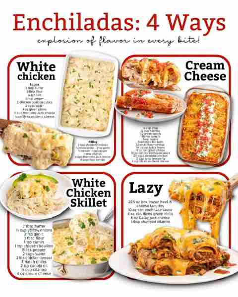 Enchiladas done 4 ways = flavor overload in every bite! 🌶️🧀 Ingredients 🟣 White Chicken 1 tablespo...