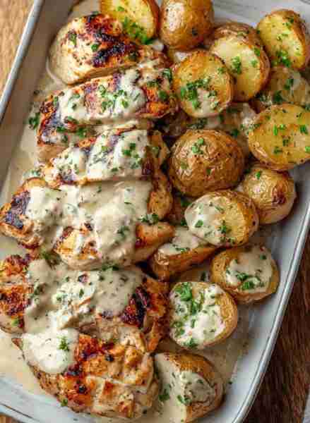 Creamy Herb Chicken with Roasted Baby Potatoes Prep Time: 15 minutes Cook Time: 30 minutes Servings...