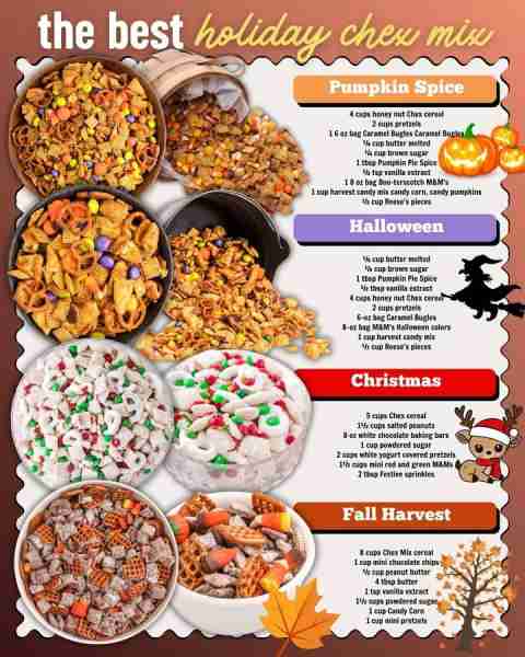 THE BEST HOLIDAY CHEX MIX! PUMPKIN SPICE: 4 cups honey nut Chex cereal 2 cups pretzels 1 6 oz bag Ca...