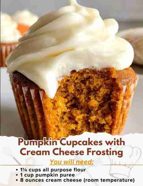 Pumpkin Cupcakes with Cream Cheese Frosting Ingredients: Pumpkin Cupcakes: - 1¼ cups all purpose flo...
