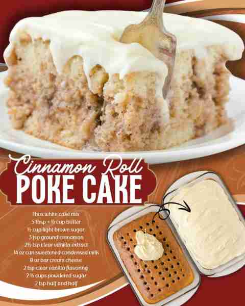 CINNAMON ROLL POKE CAKE! For the Cake 1 box white cake mix For the Filling 5 tbsp butter ½ cup light...