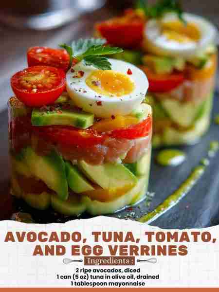 Avocado, Tuna, Tomato, and Egg Verrines Ingredients: 2 ripe avocados, diced 1 can (5 oz) tuna in oli...