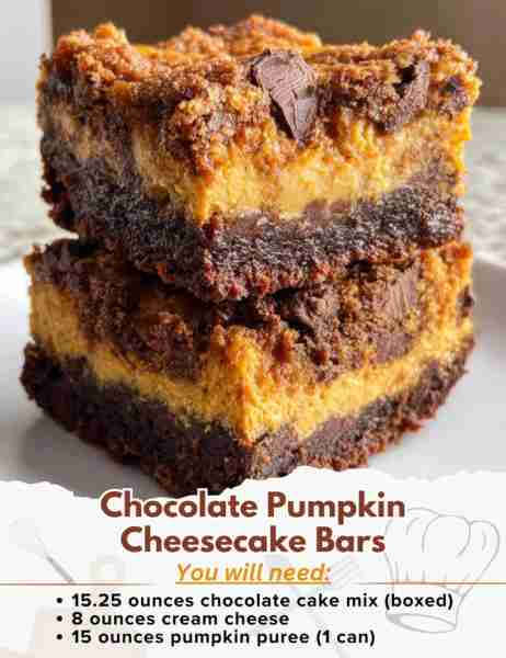Chocolate Pumpkin Cheesecake Bars Ingredients: Chocolate Layer: - 15.25 ounces chocolate cake mix (b...