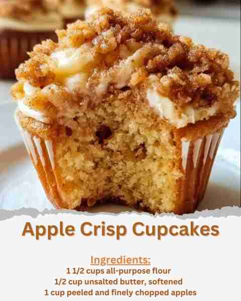 Apple Crisp Cupcakes Ingredients: - 1 1/2 cups all-purpose flour - 1 teaspoon baking powder - 1/2...