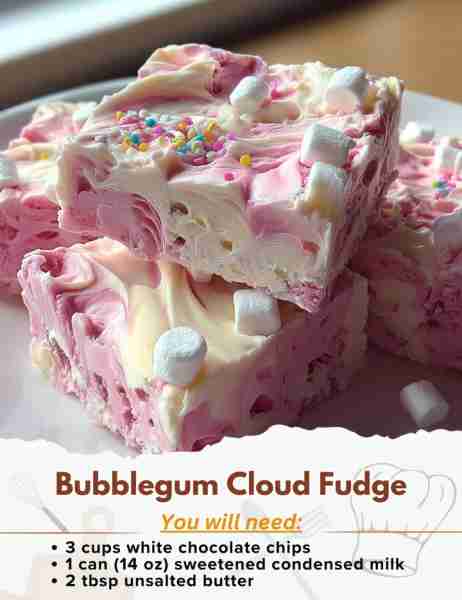 Bubblegum Cloud Fudge Ingredients: - 3 cups white chocolate chips or chopped white chocolate - 1 ca...